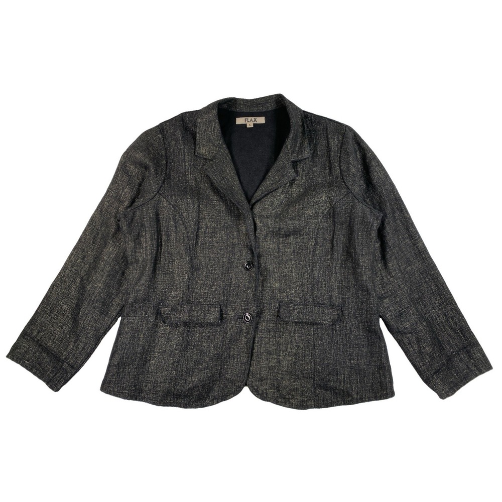 Flax Linen Blazer Jacket Women's Large Gray Charcoal Notched Lapel
